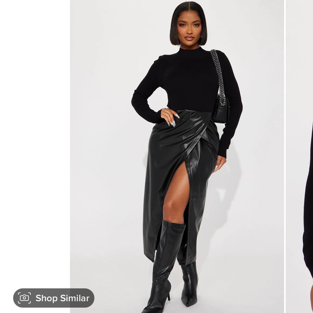 Black maxi dress. Long sleeves. Leather skirt. High slit. Size medium. Worn once